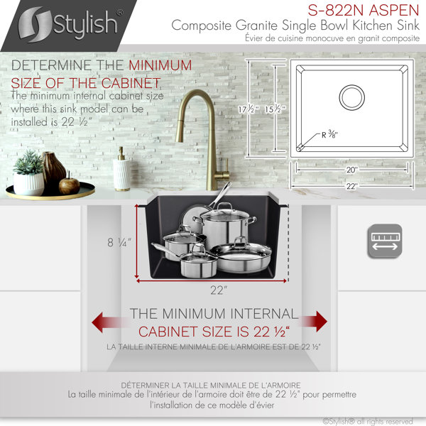 STYLISH 22 inch Dual Mount Single Bowl Composite Granite Kitchen